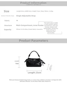Detaillierte Größentabelle für schwarze PU-Lederhandtasche mit verstellbarem Schultergurt