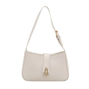 Elegant creamy white leather underarm bag with a vintage gold metal buckle and sleek strap