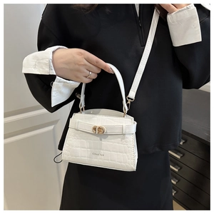 Détail d'un mini sac à bandoulière blanc motif crocodile avec fermoir doré rotatif