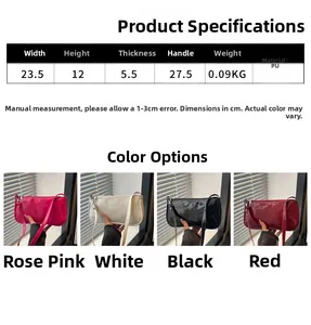 Size chart for chic PU leather baguette bag featuring 23.5cm width and four color options