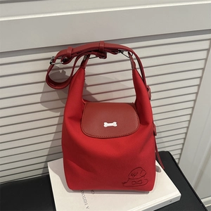Borsa a Secchiello in Tela alla Moda da Donna Grande Capacità Ricamo Cane Cartone Animato Borsa a Tracolla Con Fibbia in Metallo a Forma di Osso Cinghia Regolabile