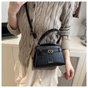 Détail du sac noir à texture crocodile avec fermoir doré sur mannequin en intérieur