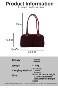 Detail view of dark red velvet pillow bag with size dimensions and 0.21kg weight info