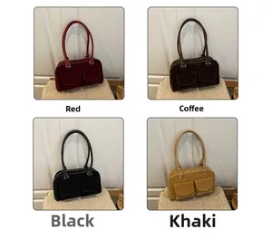 Collage of vintage suede shoulder bags in red, brown, black and khaki with double pockets