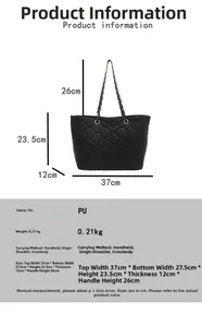 Detailed size chart for black quilted tote bag with dimensions 37x23.5x12cm