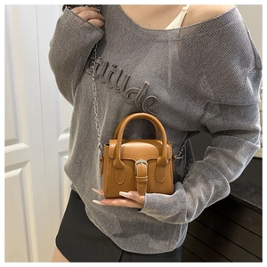 Detailed close-up of brown leather mini crossbody bag with silver chain and buckle