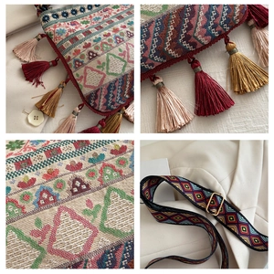 Detailed close-up of ethnic woven pattern and colorful fringe tassels on a tote bag