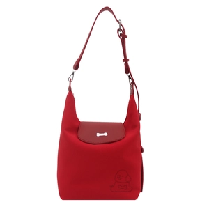 Bright red canvas tote bag with puppy embroidery and silver bone-shaped buckle
