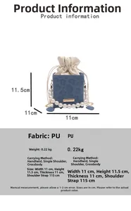 Size chart showing PU leather mini bucket bag dimensions and pearl chain details
