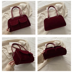 Sac cabas en velours rouge foncé avec deux poches avant vu sous plusieurs angles