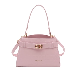 Pink croc-embossed square handbag with gold CD clasp and adjustable shoulder strap