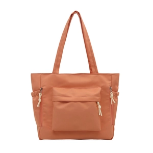 Large orange nylon tote bag for women with front zipper pocket and side drawstring pockets