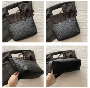Detailed views of a black quilted tote bag with gold chain straps from multiple angles