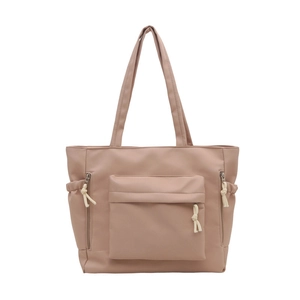 Pink large capacity nylon tote bag with multi-pocket design and decorative knot zippers