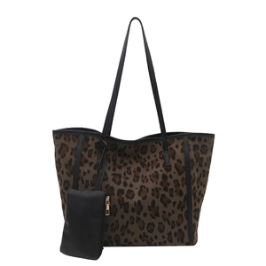 Leopard print tote bag set with matching small black pouch and large shoulder straps