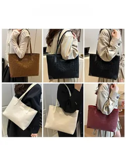 Collage of chic suede tote bags in various leopard prints and solid colors on a shoulder