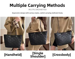 Detail of black quilted tote bag with gold chain strap showing three carrying styles