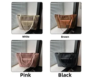 Collage of four large tote bags in white brown pink and black with checkered pattern