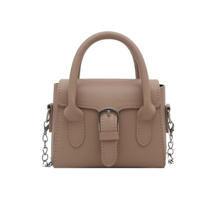 Mini khaki leather tote bag with silver horseshoe buckle and stylish chain strap