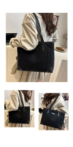 Detail of black leopard print suede tote bag with camel hexa logo and leather handles