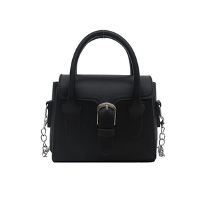 Classic black leather handbag for women featuring a silver metal buckle and chain strap