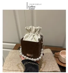 Coffee square bucket bag featuring leopard print texture, pearl handle and gold chain