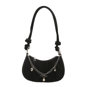 Fashionable black suede crescent underarm bag with silver chain and heart charms