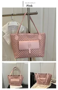 Detailed views of pink tote bag with geometric pattern and magnetic flap front pocket