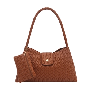 Deep brown wheat-embossed faux leather hobo bag with matching mini pouch and gold buckle