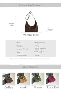 Detailed view showing the specifications and material of the faux suede crescent bag