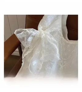 Close-up of intricate white lace embroidery and large ribbon bow on a vintage tote bag
