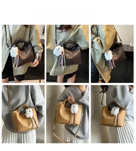 Multiple views of women woven leather bucket bag in dark coffee and khaki colors