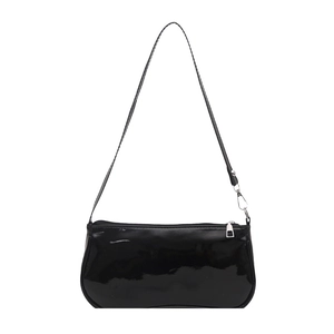 Minimalist black patent leather baguette shoulder bag with stylish silver metal hardware
