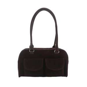 Retro dark brown suede underarm bag with double front flap pockets and slim straps