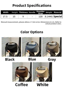 Detailed size specifications for minimalist crossbody bag with five color options displayed