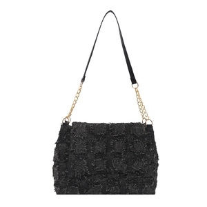 Black plaid tweed shoulder bag with gold chain strap for women, elegant autumn crossbody