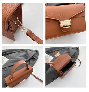 Détails du sac à main marron grainé avec boucle dorée et compartiment de rangement