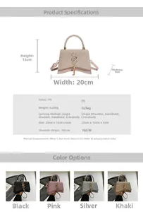 Detail view of sparkly PU leather crossbody bag with metal logo and size parameters
