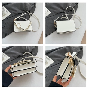 Multi-angle views of white crossbody bag with woven chain and gold square buckle