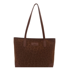 Brown leopard print suede tote bag with leather straps and reinforced corners on white background