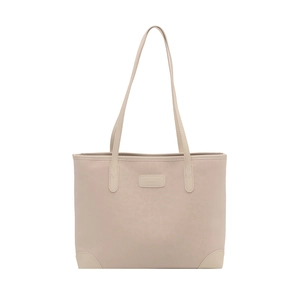 Chic beige large capacity tote bag with dual shoulder straps and a front logo patch