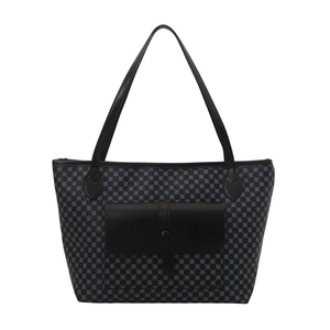 Classic patterned tote bag in grey and black canvas with large capacity for women