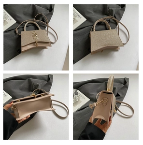 Detailed views of a champagne gold glitter handbag with metallic letter S and strap