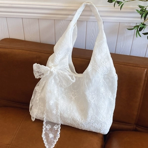 Lace Tote Bag Floral Embroidery Large Bow Shoulder Bag French Vintage Romantic Handbag For Women