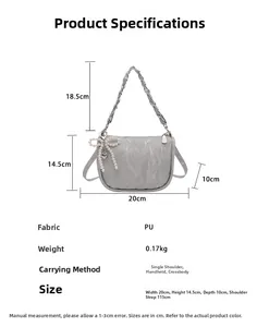 Dimensions détaillées du sac bandoulière en PU gris avec nœud perlé et chaîne
