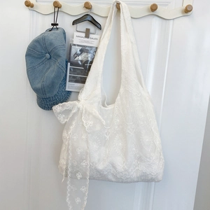 White lace floral canvas tote bag with a large bow and elegant European embroidery