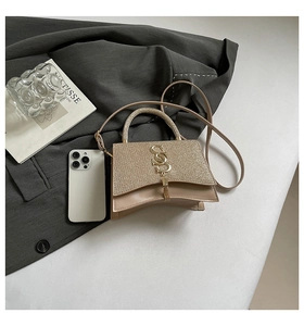 Detail of champagne glitter mini crossbody bag with golden tassel buckle on grey suit