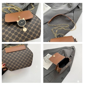 Vues détaillées d'un sac à bandoulière hexagonal avec motif vintage et chaîne dorée