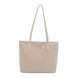 Chic beige faux leather tote bag with subtle leopard embossing and gold fashion plaque