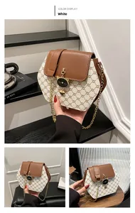 Détail du sac hexagonal avec pendentif chat et motif monogramme blanc de style vintage